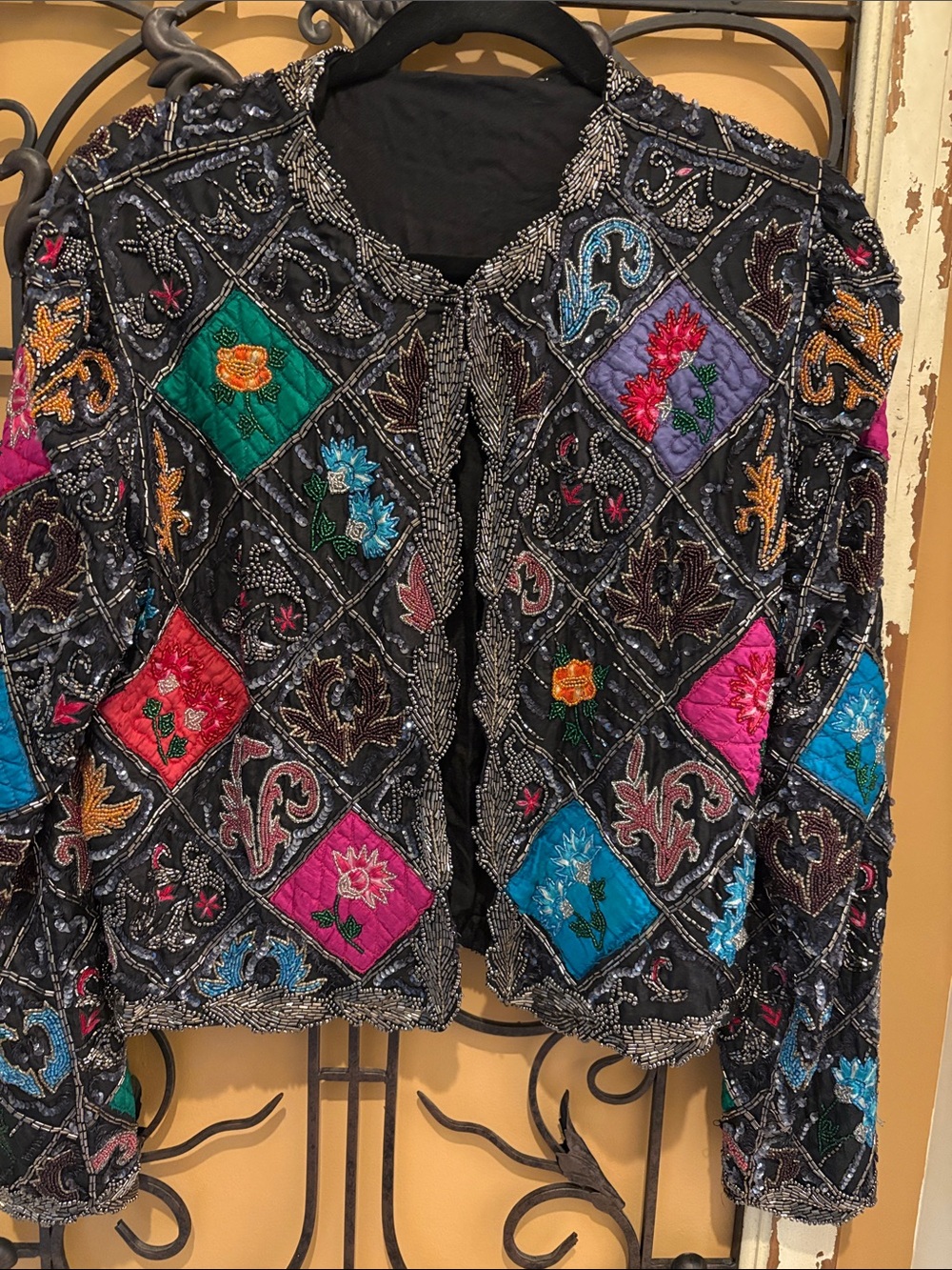 Embroidered Beaded Black Patchwork Quilted Jacket - Multicolor Floral.